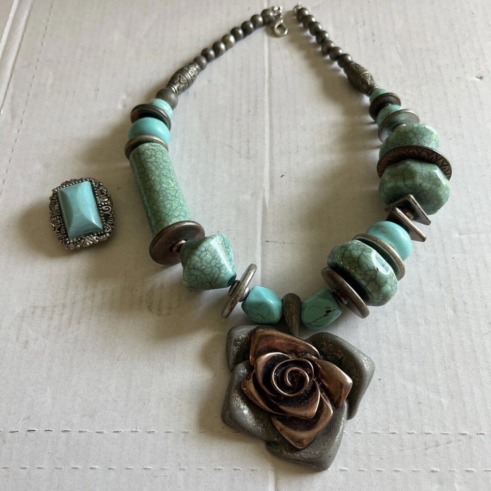 Vintage Rose Coral Green Turquoise Color Necklace And Pin!